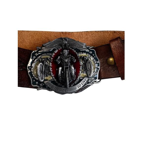 Vintage 1987 Bergamot “Live to Ride – Ride to Live” Belt Buckle + Leather Belt - Picture 2 of 8